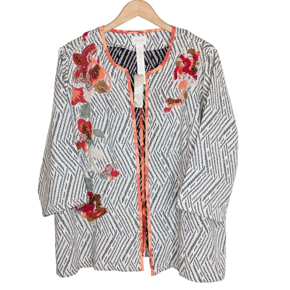 NWT Chico's Open Front Jacket Sz 4 Artisan Applique Embroidered Artsy Unique